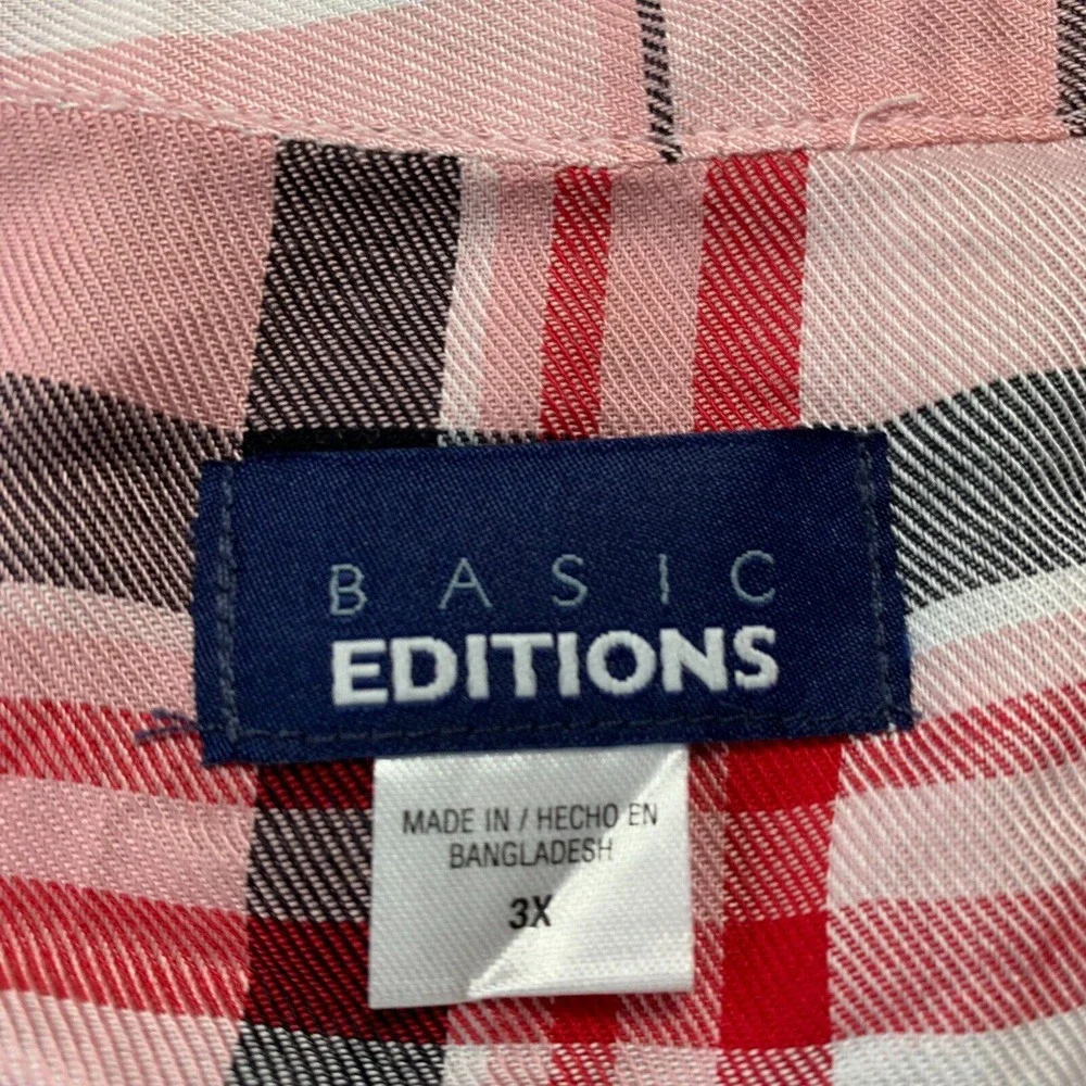 BASIC EDITIONS Shirt Womens 3X Button Up Blouse Top Plaid Long Sleeve Pink - Picture 3 of 8